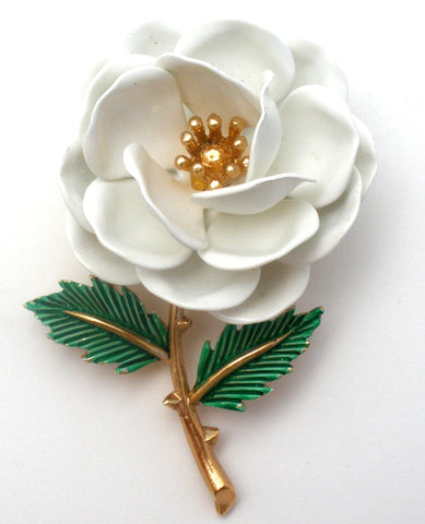 Crown Trifari White Enamel Flower Brooch Pin