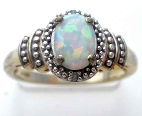 Opal & Diamond Sterling Silver Ring Size 7