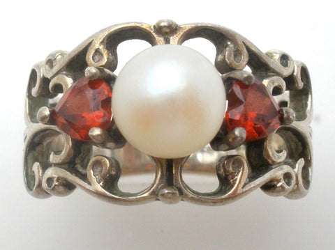 Pearl & Garnet Sterling Silver Ring Size 6