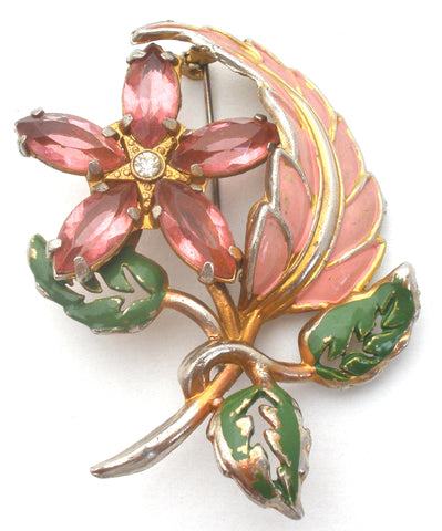Pink Rhinestone & Enamel Flower Brooch Vintage