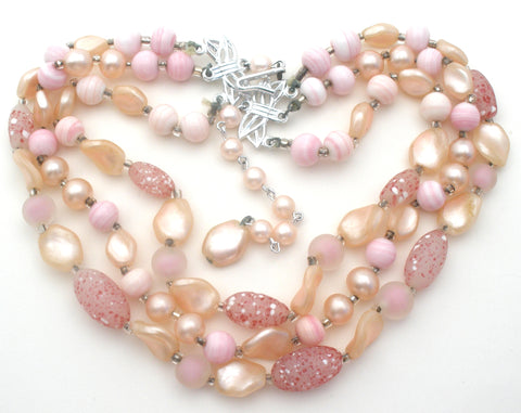 Pink Triple Strand Glass Bead Necklace