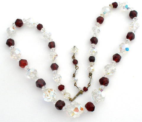 Red & Clear Glass Bead Necklace Vintage  21"