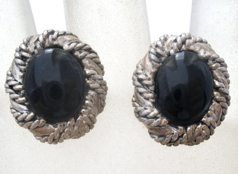 Sterling Silver Post Earrings With Black Stones