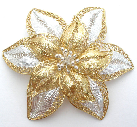 Sterling Silver &  Gold Filigree Flower Brooch Vintage