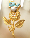 Trembler Bird & Nest Brooch Gold Crown Vintage - The Jewelry Lady's Store