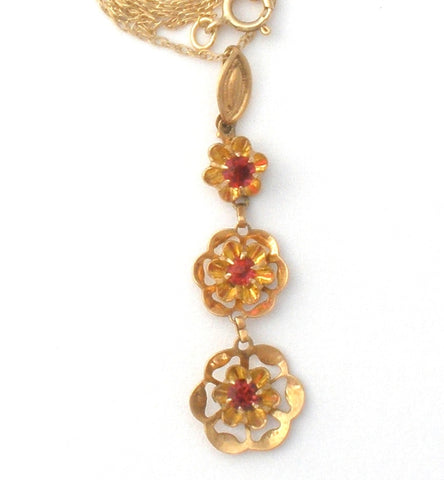 10K Gold Ruby Flower Necklace 20" Vintage