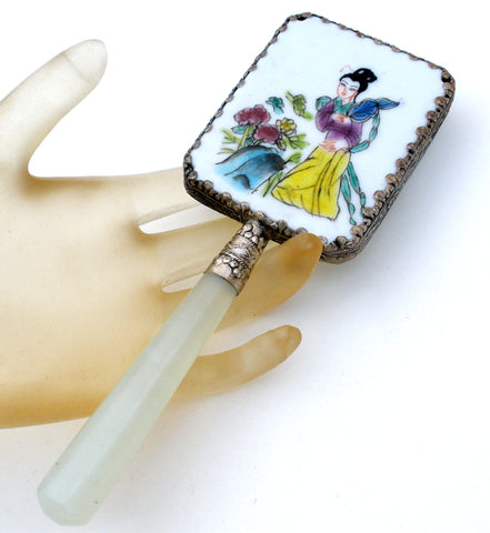 Chinese Porcelain Jade Silver Geisha Girl Hand Mirror