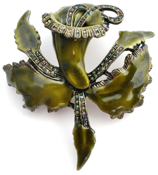 Green Enamel & Rhinestone Orchid Brooch Laila Rowe – The Jewelry