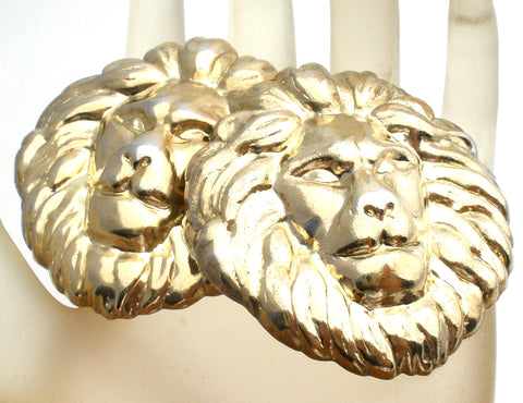 Large Gold Tone Pierced Lion Earrings Vintage