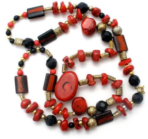 Red & Black Onyx Bead Necklace 32" Vintage