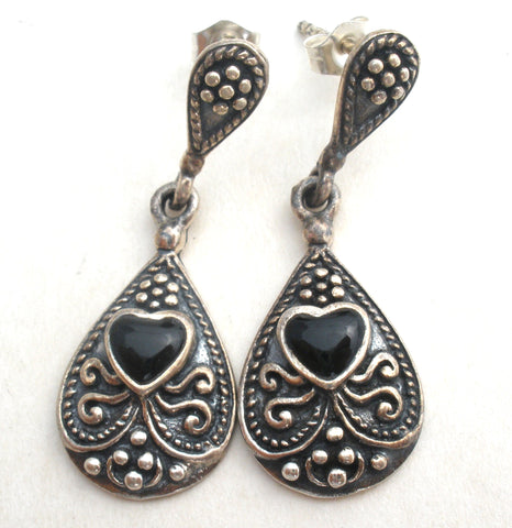 Sterling Silver Black Onyx Heart Earrings Vintage