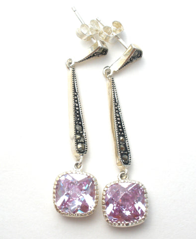 Sterling Silver Lavender CZ & Marcasite Earrings