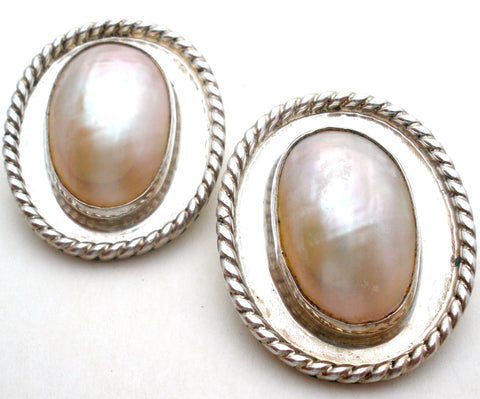 Sterling Silver Oval Pearl Clip Earrings Vintage