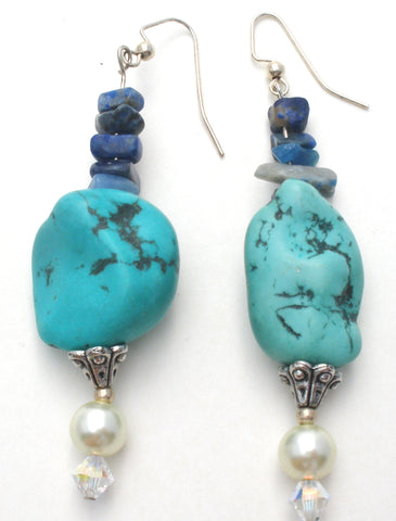 Turquoise Sodalite & Pearl Earrings Vintage