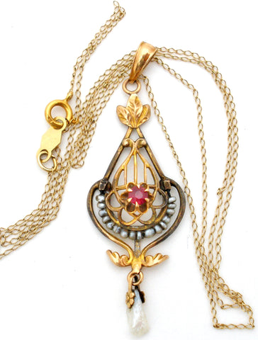 Victorian Ruby & Pearl Gold Lavalier Necklace Ostby & Barton