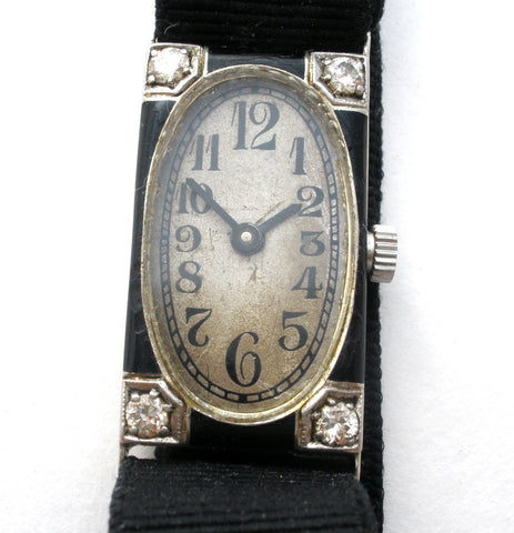 D & L Co 18K Gold Ribbon Watch with Diamonds Art Deco the jewelry lady's store