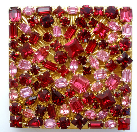 Evans Pink and Red Rhinestone Compact Vintage the jewelry lady's store