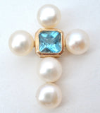 14K Gold Blue Topaz & Pearl Cross Pendant