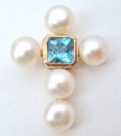 14K Gold Blue Topaz & Pearl Cross Pendant