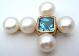 14K Gold Blue Topaz & Pearl Cross Pendant