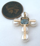 14K Gold Blue Topaz & Pearl Cross Pendant
