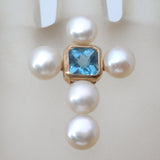 14K Gold Blue Topaz & Pearl Cross Pendant
