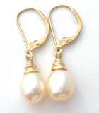 14K Gold Pearl Drop Earrings Leverback - The Jewelry Lady's Store