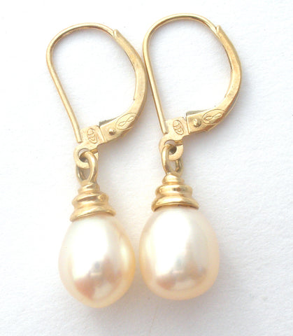 14K Gold Pearl Drop Earrings Leverback