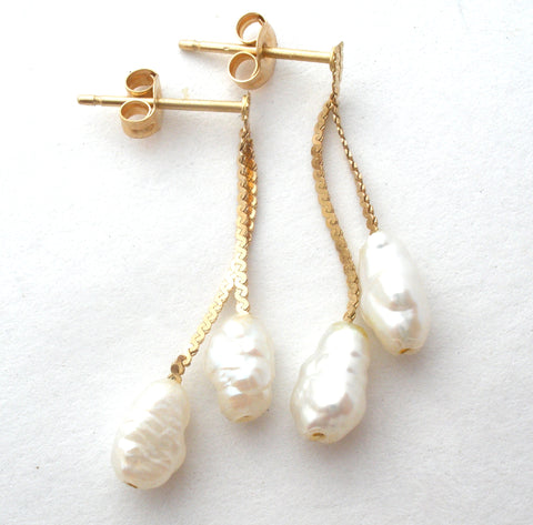 14K Gold Dangle Baroque Pearl Earrings