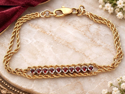 14K Yellow Gold Garnet Double Rope Bracelet Vintage