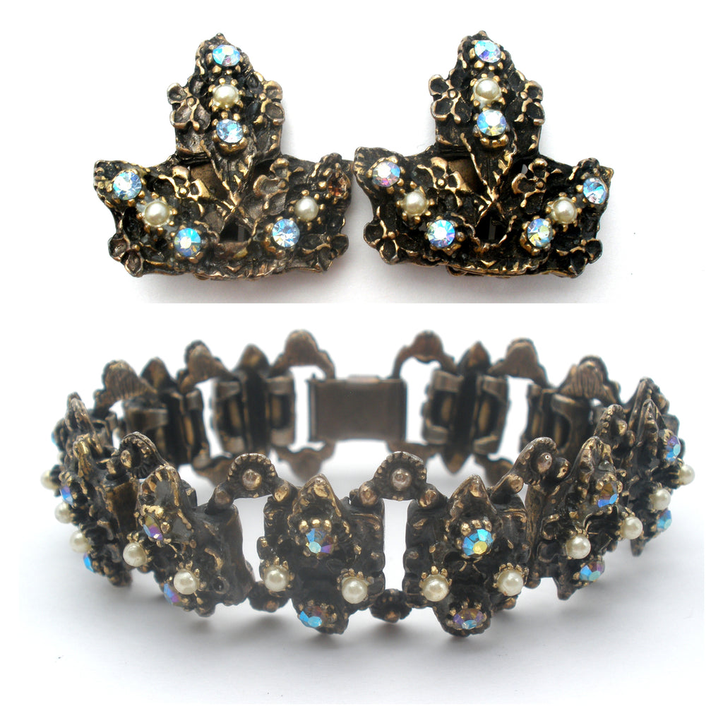 AB Rhinestone & Pearl Antique Vintage Bracelet Set