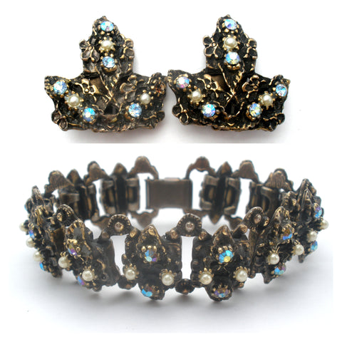 AB Rhinestone & Pearl Antique Vintage Bracelet Set