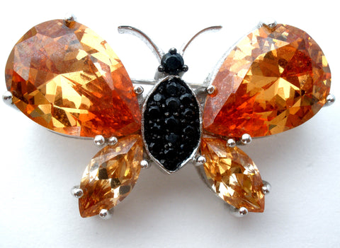 Amber & Black Crystal Butterfly Pendant Brooch 925