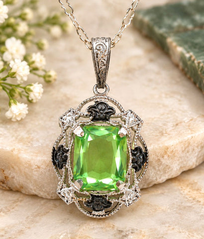 Art Deco Revival Green Glass Pendant Necklace 18" Sterling Silver