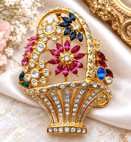 Basket Of Flowers Brooch Pin With Fruit Salad Rhinestones Vintage