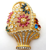 Basket Of Flowers Brooch Pin With Fruit Salad Rhinestones Vintage