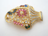 Basket Of Flowers Brooch Pin With Fruit Salad Rhinestones Vintage