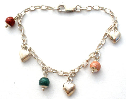 Bead & Heart Charm Bracelet Sterling Silver