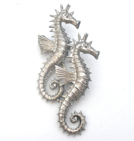 Beau Double Seahorse Brooch Sterling Silver Rare