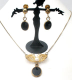 Black Onyx & Pearl Vermeil Lavalier Necklace Set Vintage - The Jewelry Lady's Store