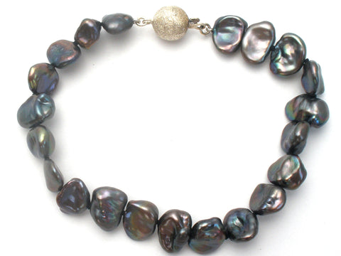 Black Peacock Keshi Petal Pearl Bracelet Sterling Silver