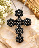 Black Spinel Cross Pendant Necklace Sterling Silver 16"