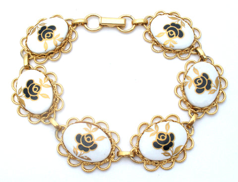 Black & Gold Enamel Rose Bracelet Vintage