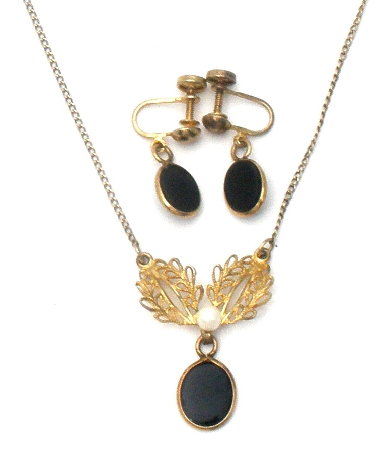 Black Onyx & Pearl Vermeil Lavalier Necklace Set Vintage - The Jewelry Lady's Store