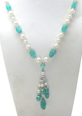 Blue Glass & Pearl Tassel Necklace Vintage