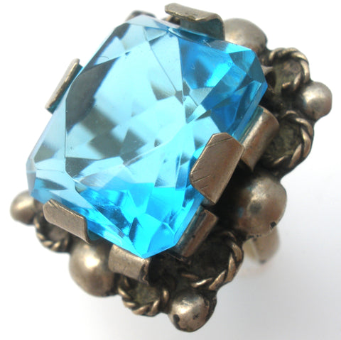 Blue Topaz Glass Sterling Silver Ring Vintage