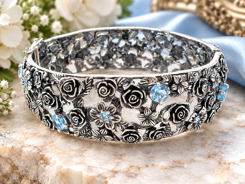 Blue Topaz Rose Flower Bangle Bracelet OR PAZ