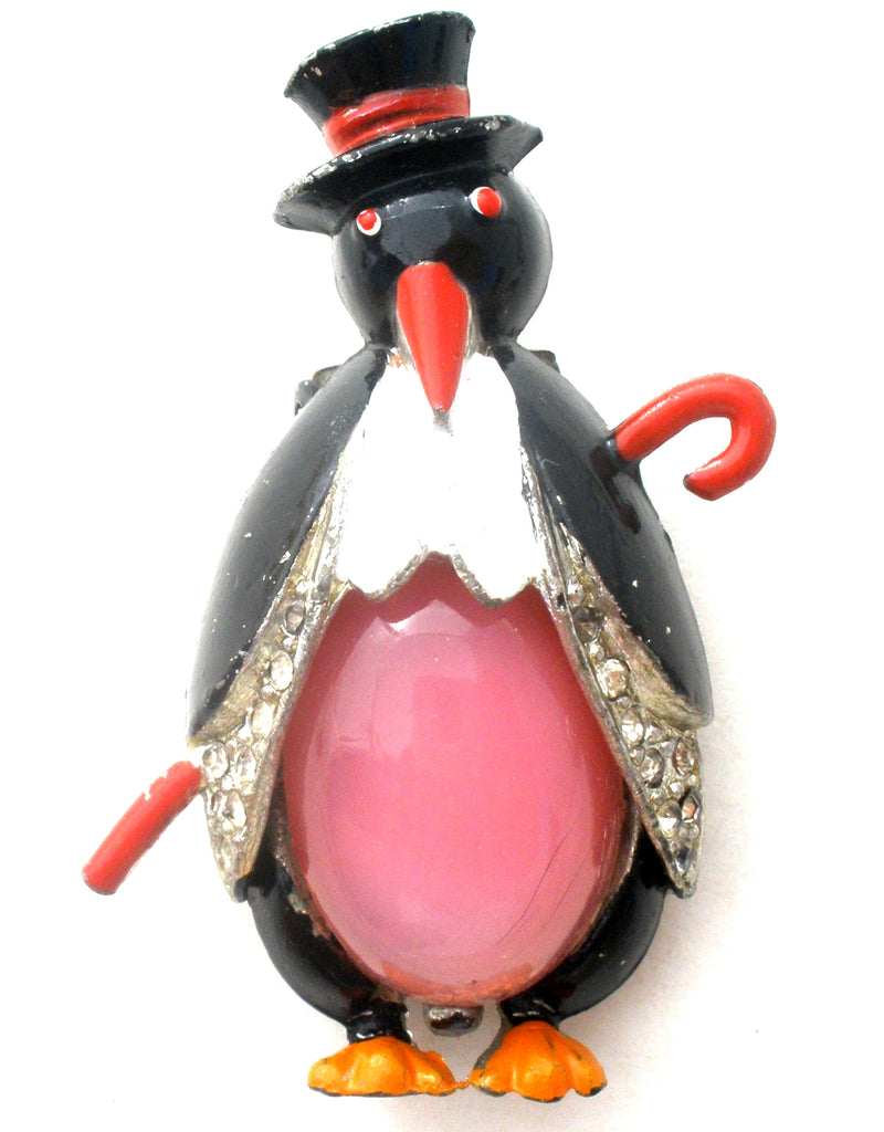 Coro Mr. Penquin Fur Clip Pink Jelly Belly Vintage - The Jewelry Lady's Store