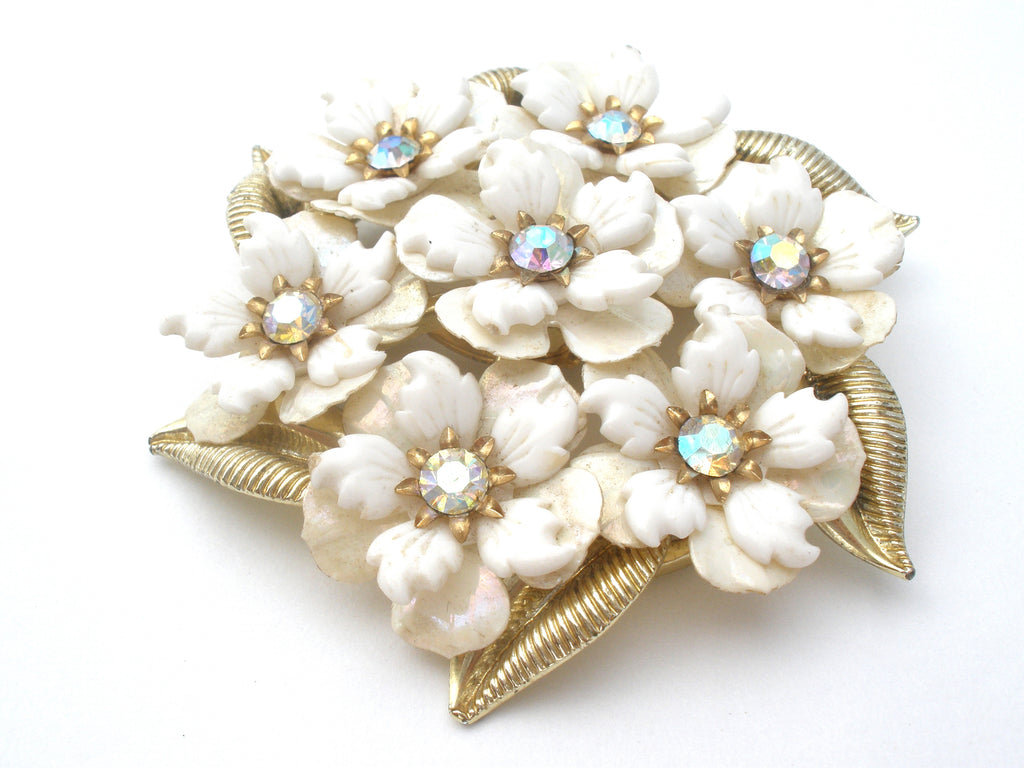 Hand Painted Enamel Flower Brooch – Pearlescent White With Crystal Rhinestones