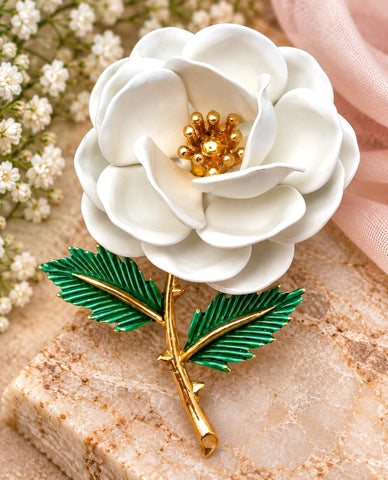 Crown Trifari White Enamel Flower Brooch Signed Pin